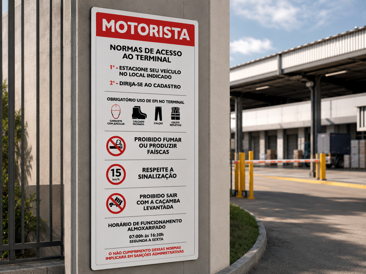Painel de normas de acesso para motoristas.